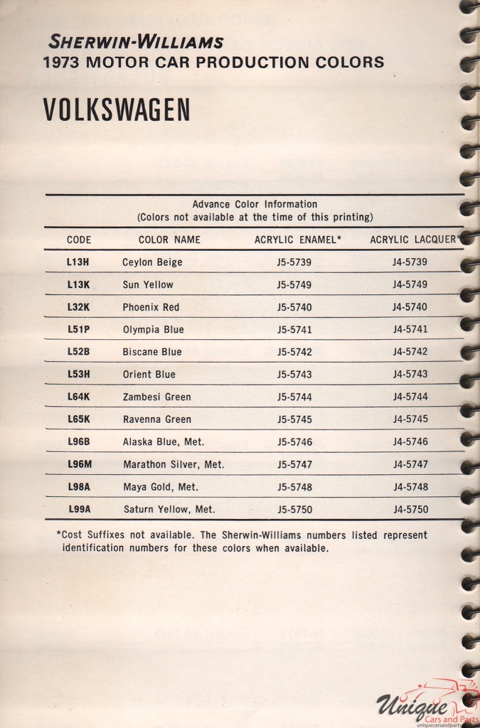 1973 Volkswagen Paint Charts Williams 3